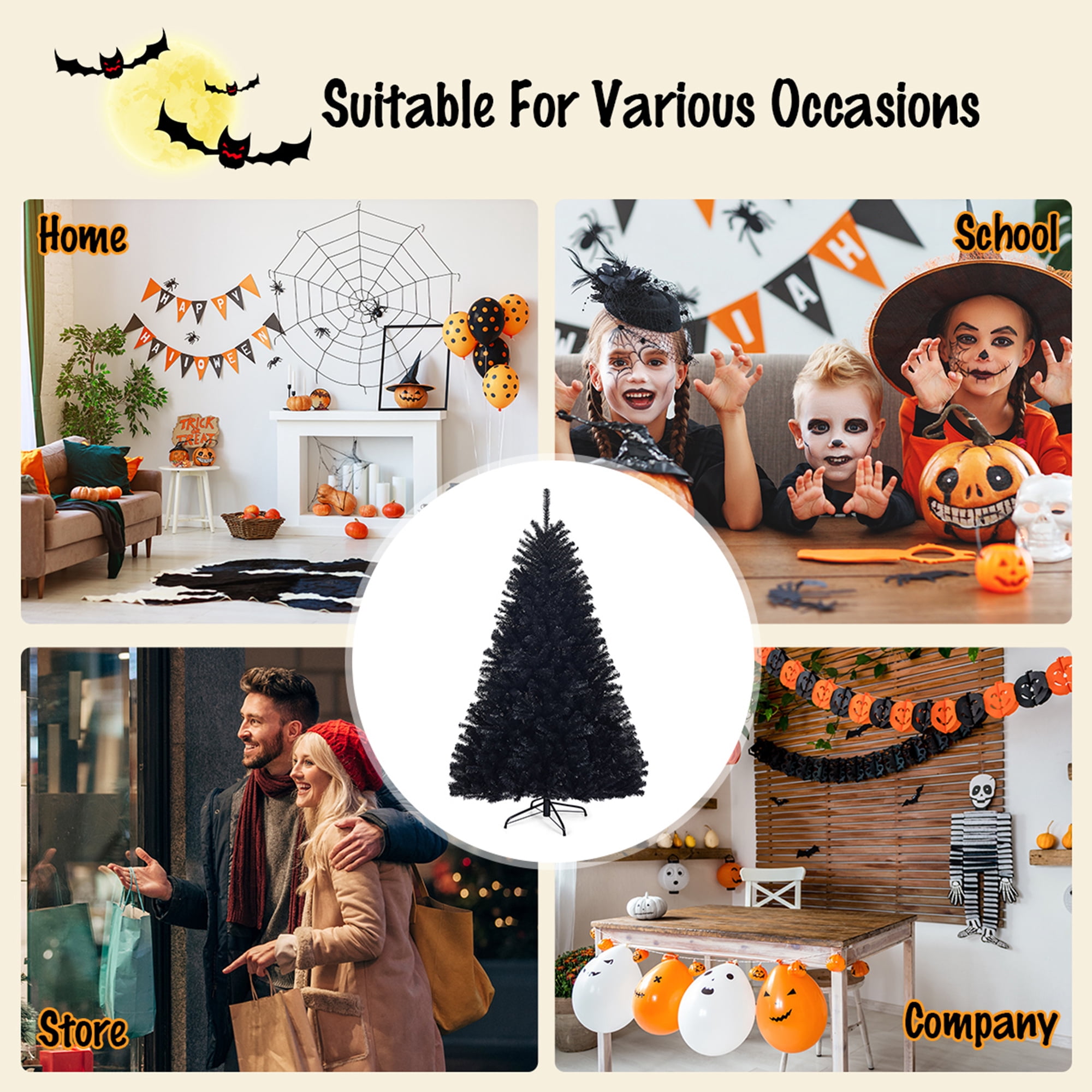 Gymax 6FT Artificial Halloween Christmas Tree Hinged Pine Tree Holiday Decoration Black