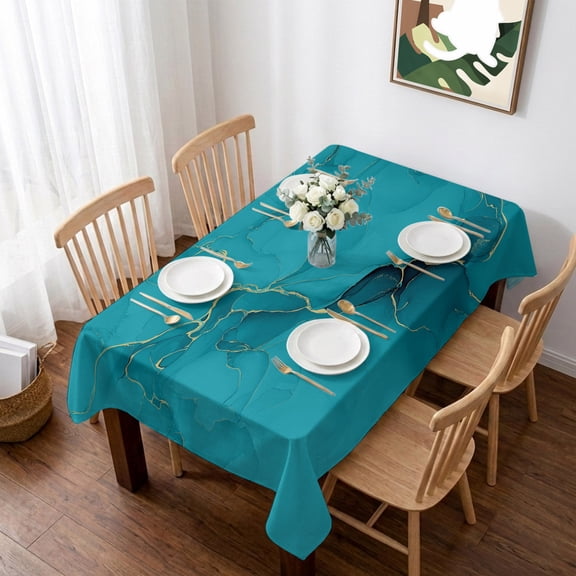 Teal Marble Table Cloth Waterproof Tablecloths, Turquoise Marble Crack Abstract Modern Art Tablecloth Dining Table Cover for Kitchen Party Tabletop Outdoor, Rectangle Tablecloth 52x70 Inch