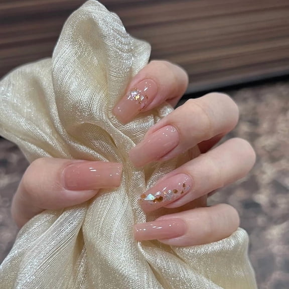 24Pcs Fashion Nude Pink Glitter Long Square False Nails With Jelly Adhesive Detachable Full Cover Press On Artificial Nails