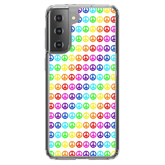 DistinctInk Clear Shockproof Hybrid Case for Galaxy S21 5G (6.2" Screen) - TPU Bumper, Acrylic Back, Tempered Glass Screen Protector - White Rainbow Peace Signs