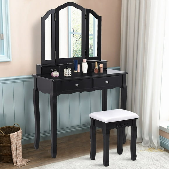 Costway Makeup Dressing Table Vanity Set Tri Folding Mirror w/ Stool Black