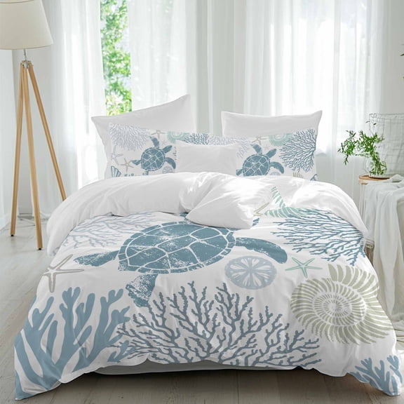 3 Piece Blue Turtle Coastal Duvet Cover Set Queen Size, Microfiber Comforter/Quilt Cover with Corner Ties and 2 Pillowcases, Summer Beach Nautical Coral All Season Soft Bedding with Zipper Closure