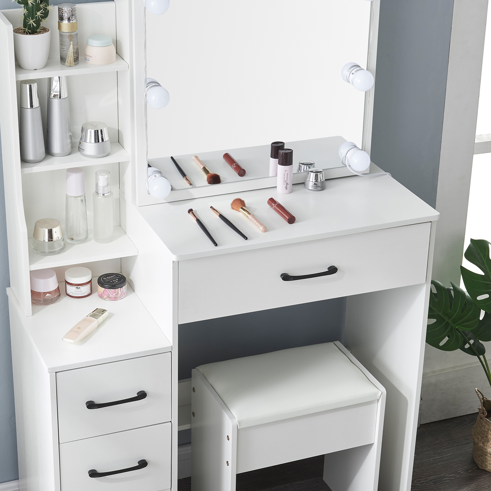 Yamissi Vanity Desk with Lights Makeup Table with Slidable Mirror Modern Dressing Table with Drawers & Cabinet, White
