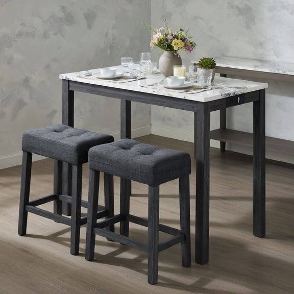 Resenkos 3-Piece Bar Table Set with Charging Station, Faux Marble Top Pub Table Set with Upholstered Stools for Kitchen Island,Home Pub, White and Gray