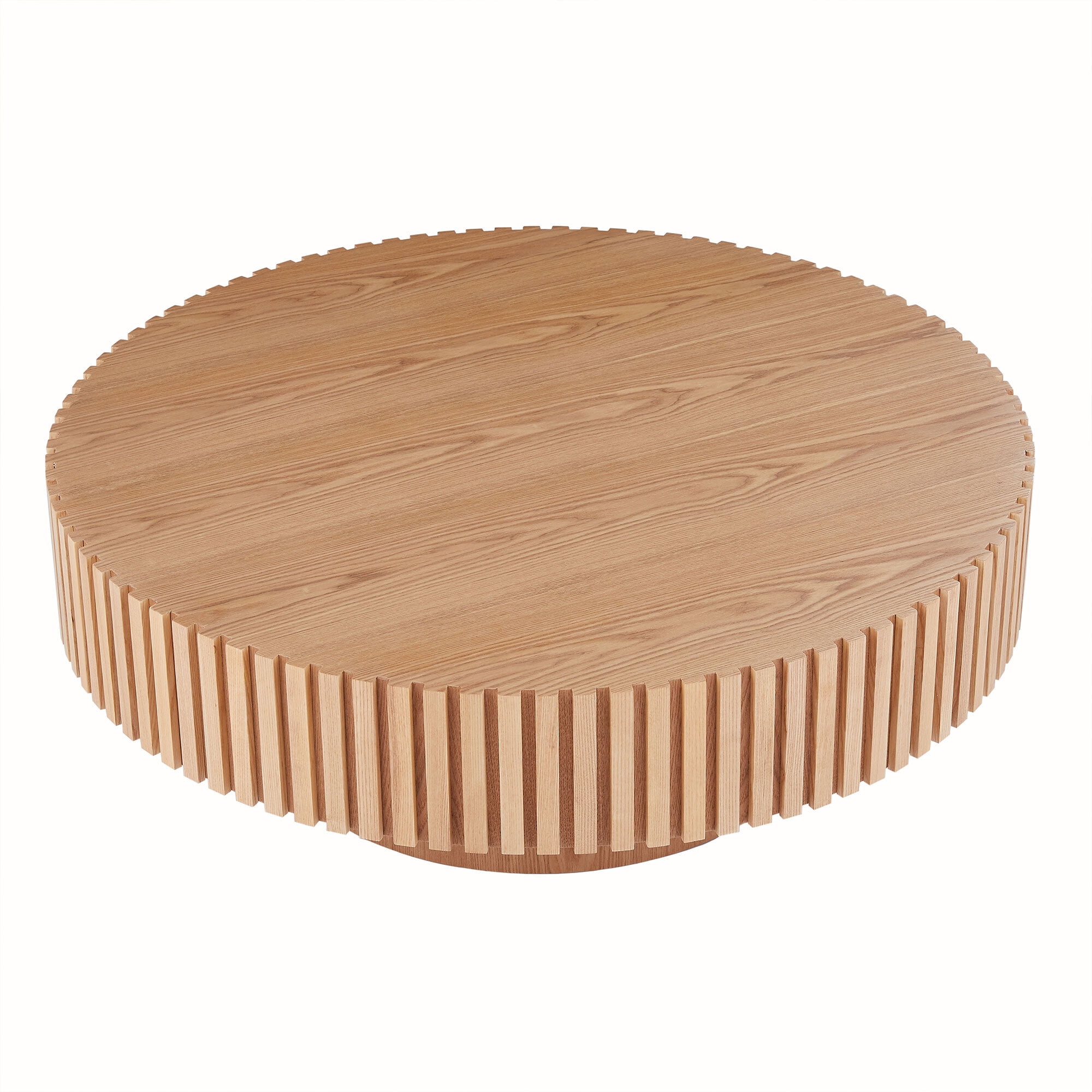 Muumblus 39.37" Large Round Wood Coffee Table, Modern Unique Fluted Accent Center Table for Living Room, Natural Ash