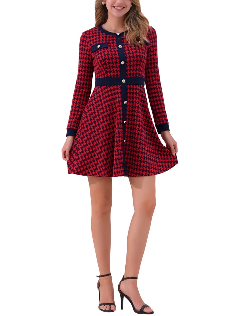 Inspire Chic Women's Dress Houndstooth Plaid Crew Neck Button Front Elegant A-Line Dress XS 1