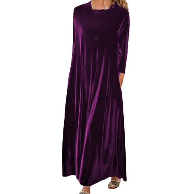 Prolriy Robe en Velours pour Femmes Printemps et Automne Nouvelle Robe Longue en Velours Doré Européenne et Américaine Col Rond Fin pour Femmes 2025 Violet TTTTG