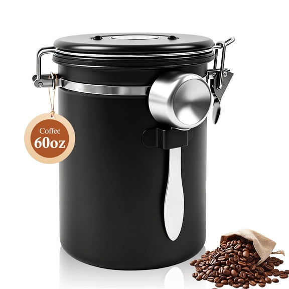 Godance 22 OZ Coffee Canister, Stainless Steel Airtight Coffee Bean Storage Grounds Container with Date Tracker & Measuring Scoop, Kitchen Food Canister Jar for Cereal, Sugar, Tea (Black)