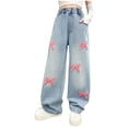 thumbnail image 2 of HAJWOH Baggy Jeans for Girls Wide Leg Cute Bow Star Jeans Kids Elastic Wasited Denim Pants 5-14Y, 2 of 6
