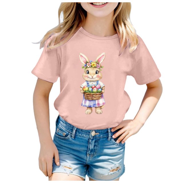 T-shirts à Manches Courtes pour Filles Tout-Petits Tenue de Pâques Imprimé Décontracté Col Rond Basique T-Shirts pour Filles 3-4 Ans