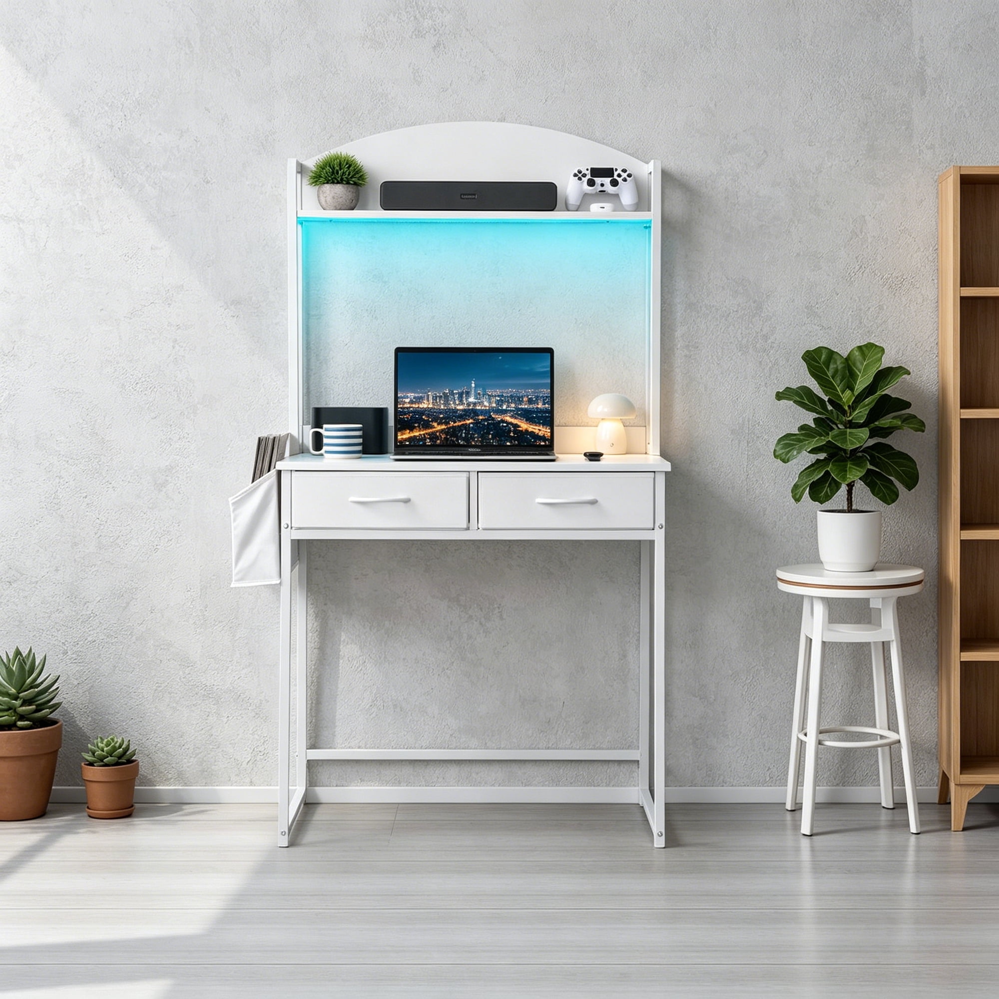 Freestanding Ladder Desk with Power Outlets Home Office Study Reading Desk with 2 Fabric Drawers and Side Bag 2 Tier Shelf Computer Gaming Desk Vanity Makeup Desk (White)