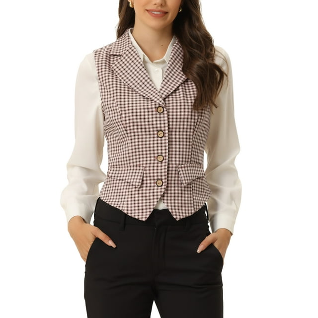 INSPIRE CHIC Gilet pour Femme à Revers Cranté Col en V Simple Boutonnage Vintage à Carreaux TP Rose