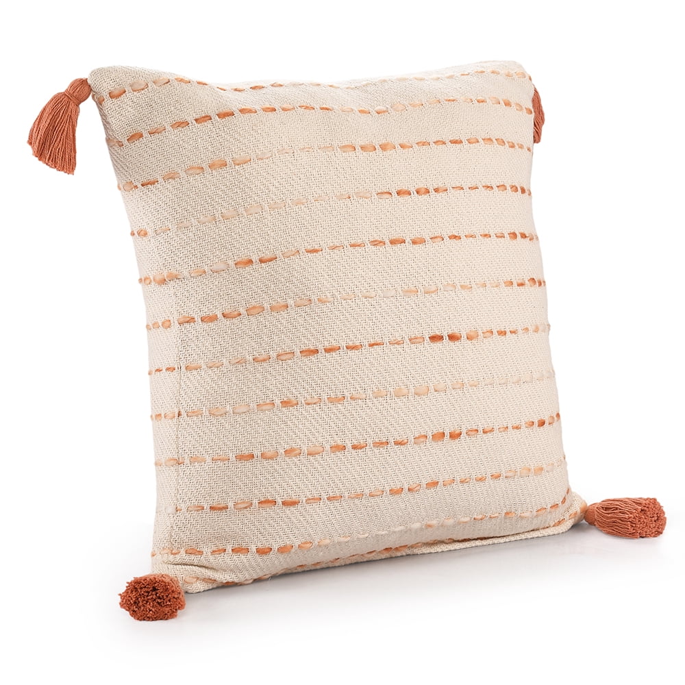 Ox Bay Top Variegated Stripe Cotton Blend Handmade Throw Pillow with Tassels, 20" x 20"
