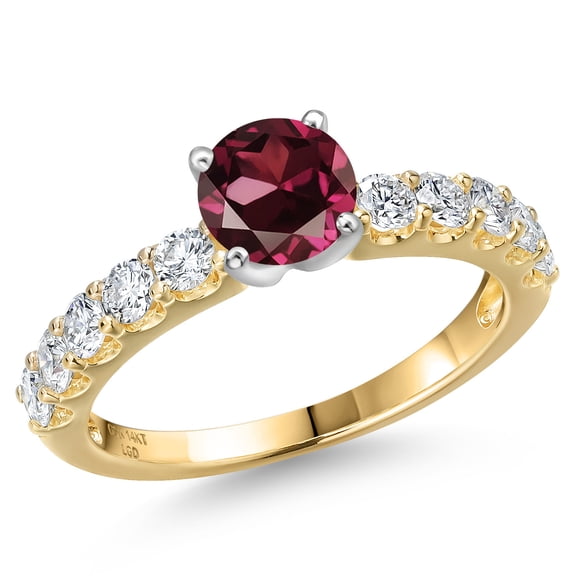 Gem Stone King 14K Two Tone Gold Red Rhodolite Garnet and Lab Grown Diamond Engagement Ring for Women | 1.25 Cttw | Round 5MM | Gemstone January Birthstone | Size 5
