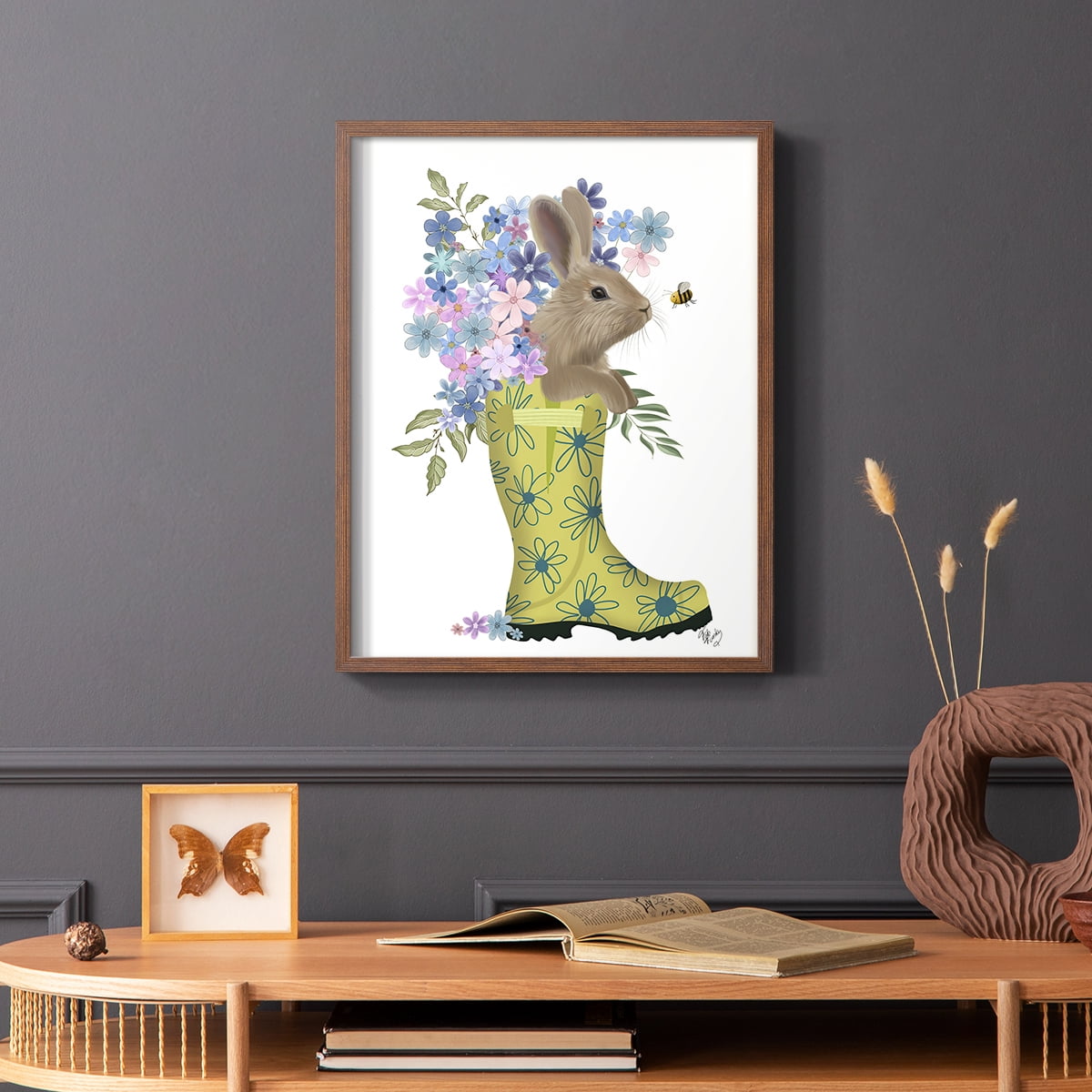 Welly Bunny And Bee Framed Print in Brown Solid Wood 8 x 10 Framed Print