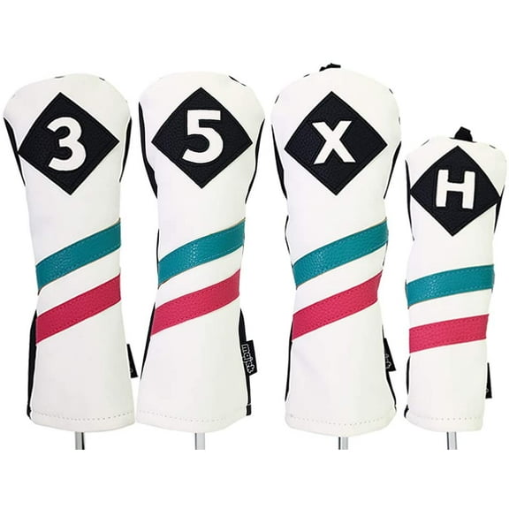 Majek Golf Vintage Headcovers White Seafoam Teal Pink Stripe Premium Retro Leather Style 3 5 X H Fairway and Hybrid Head Covers Fits Modern Metal Woods and Hybrids Custom Designs Made in California