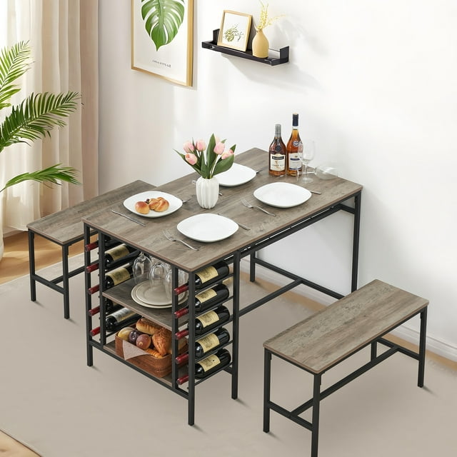 47" Dining Table Set for 4, 3 Pieces Kitchen Table Set with 2 Benches, Wine Rack and 2-Tier Storage Shelves, Space-Saving Breakfast Table Set for Apartment, Easy to Assemble