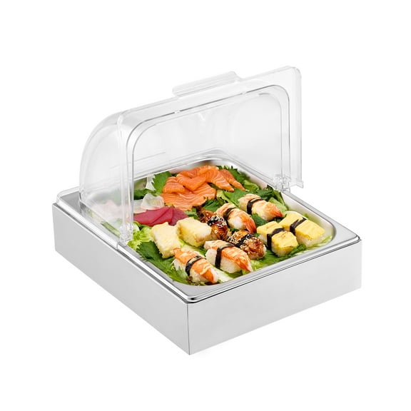 VEVOR Countertop Food Serving Display Container, 1 x 1/2 Pan Stainless Steel Food Serving Tray, Buffet Condiment Dispenser Display Rack with Clear Lid & Ice Tray, for Restaurant Hotel