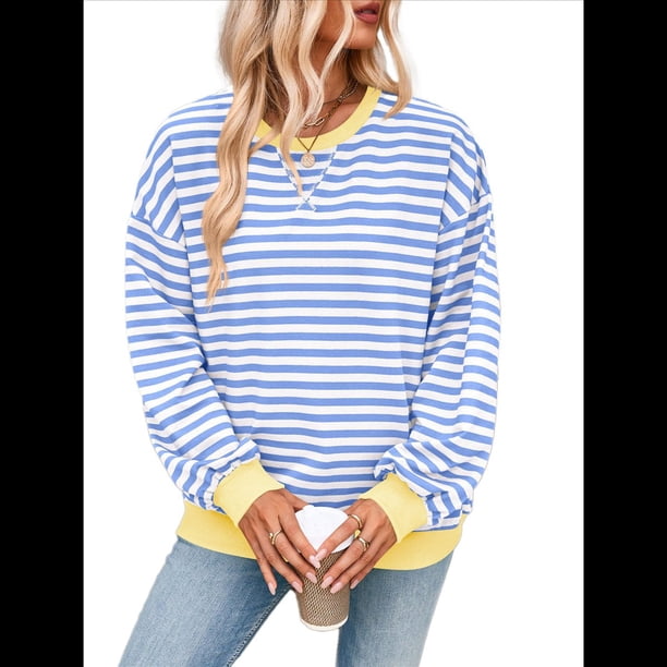 Sudadera Holgada Informal de Larga con Cuello Redondo y Bloques de Colores A Rayas de Gran Tamaño para Mujer, Estilo Y2K Azul L