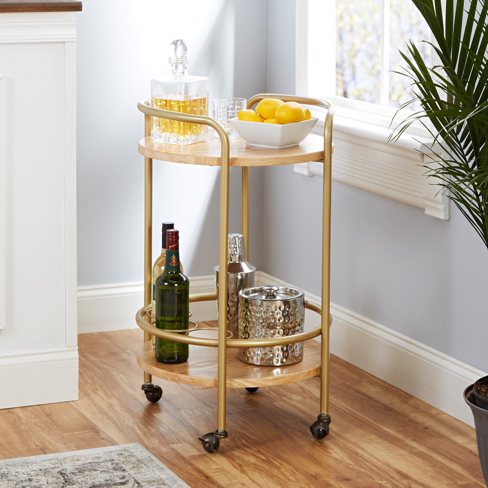 London Round TwoTier Wood and Iron Bar Cart with Handles