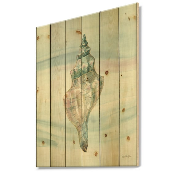 Designart 'Ocean Metallic Conch' Lake House Print on Natural Pine Wood
