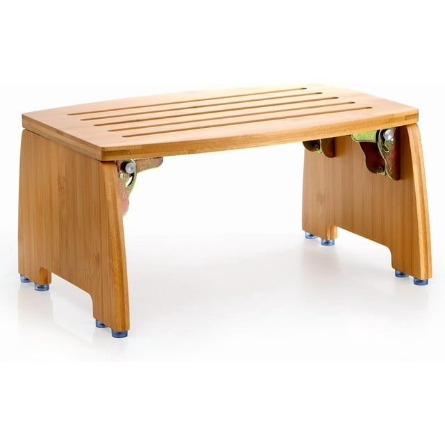 HLONK Bamboo Folding Step Stool Non-Slip Leg Shaving Foot Rest Chair Foldable One Step Stool for Home Adults Support up to 300lbs Fully Assembled