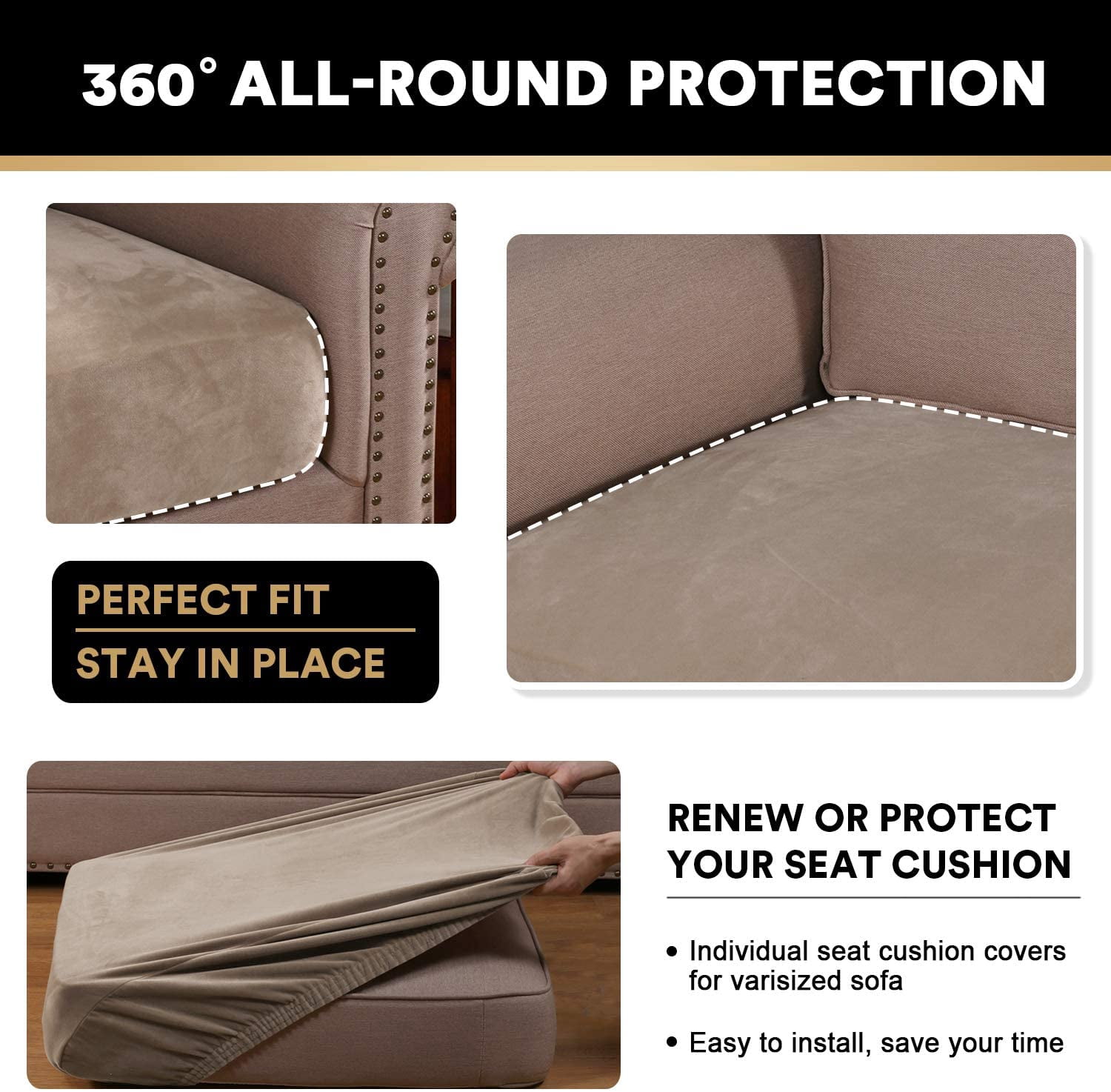 Velvet Stretch Couch Cushion Cover Plush Cushion Slipcover for Chair Sofa Cushion Furniture Protector Seat Cushion Sofa Cover Set of 3