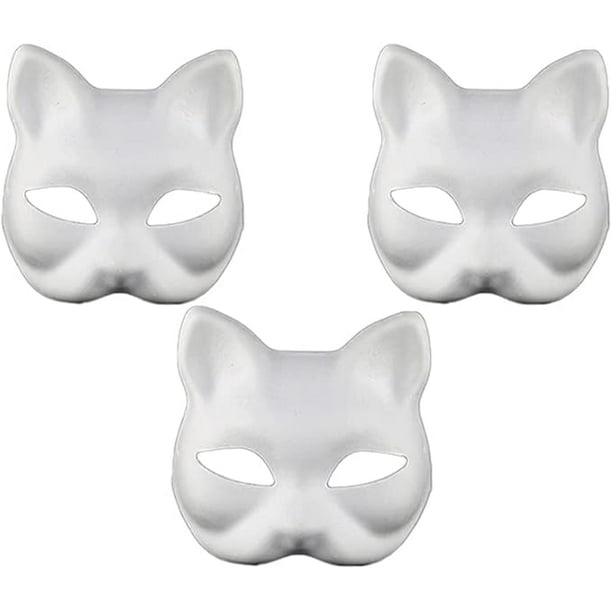 Máscara de gato, 3 piezas, máscaras de Therian, máscaras de gato blancas, máscara de Halloween en blanco, máscaras de media cara de animal, mascarada, fiesta de cosplay