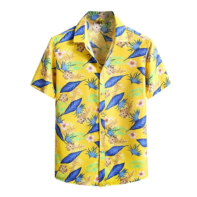 Camisas De Vestir Para Hombre Manga Corta Hombres Verano Hawaii Tops tamaño Solapa Impreso Turndown Suelto Casual Camisa de manga corta Blusa (Yellow, XXL)