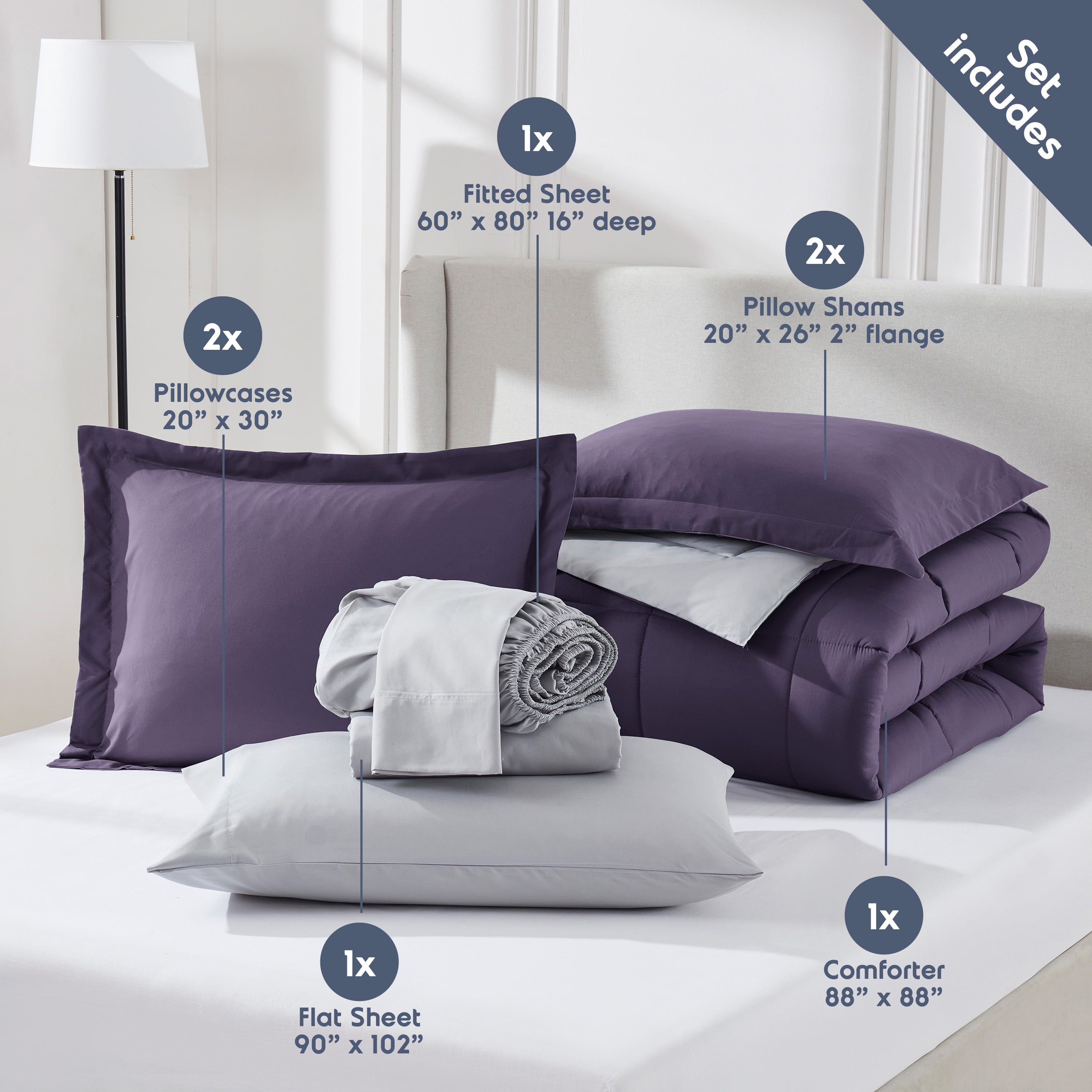 LammaLoe King Comforter Set, With King Sheets, Reversible Bed In A Bag 7 Piece, Bedding Set, Purple