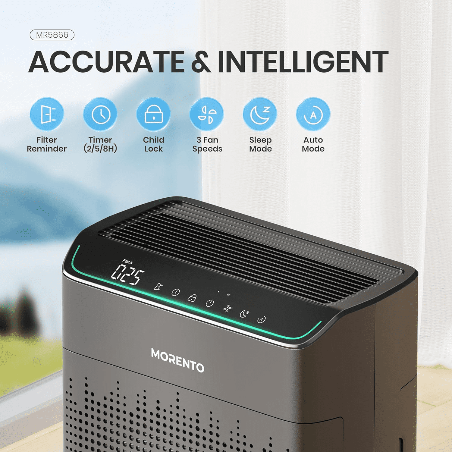 MORENTO Smart Air Purifier for Home Bedroom Large Room Up to 1290 Sqft, Wi-Fi and Alexa compatible, Double-sided HEPA Filter Air Cleaner for Smoke, Dust, Pollen, Pet Hair, Odor, Grey