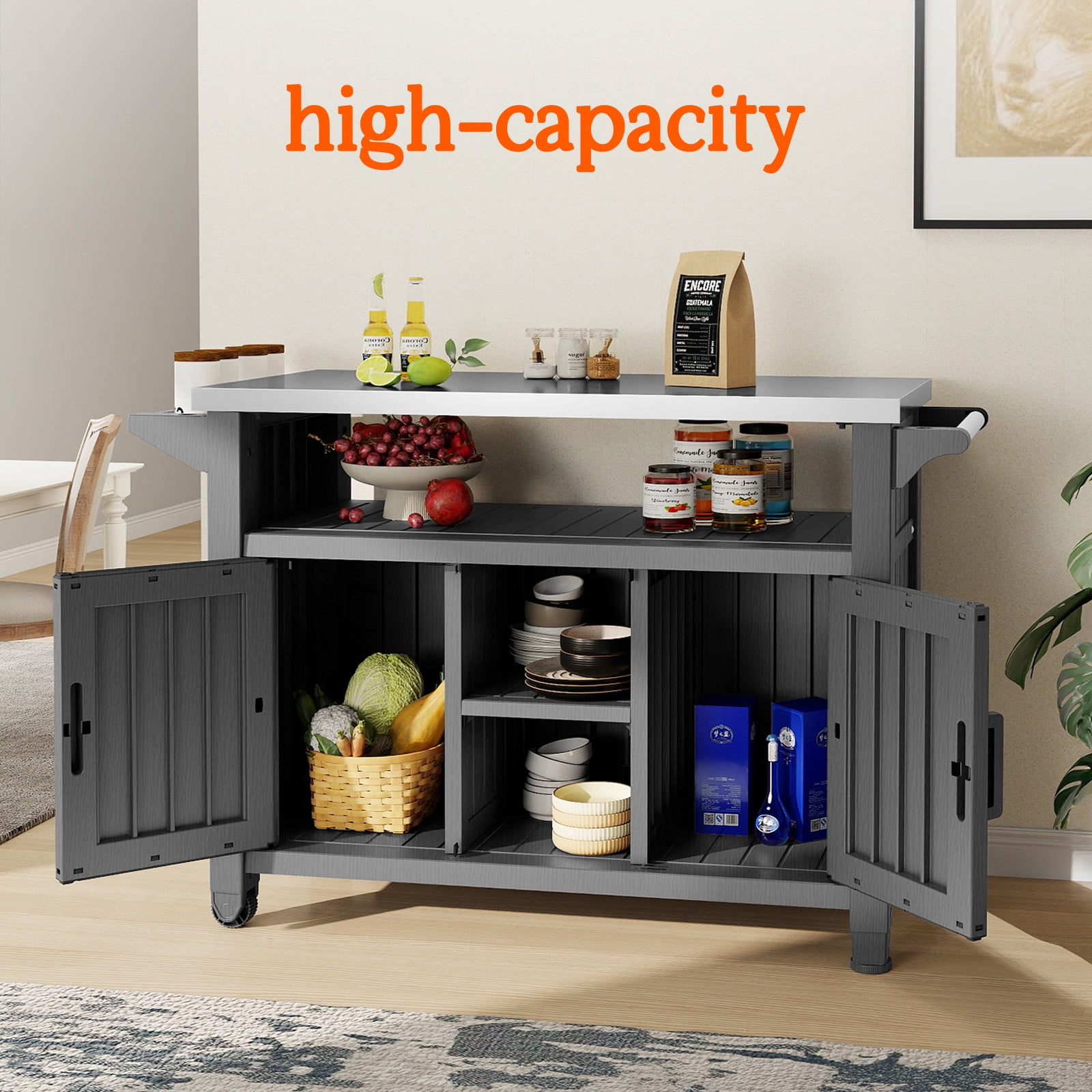 Fazzn Outdoor Rolling Table Cart for Food Prep, Storage, Bar & Grill, Black - Portable Kitchen Island Tabletop with Wheels for Drinks, Snacks, and Cooking
