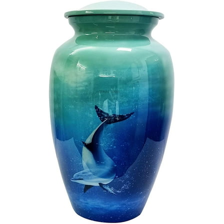 RUZIOON Dolphin Deep Ocean Blue Cremation Urn for Human Ashes - Adult Funeral Urn Handcrafted - Affordable Urn for Ashes (Adult (200 lbs) – 10.5 x 6 “, Lovely Dolphin Deep Ocean Blue Cremation Urn)