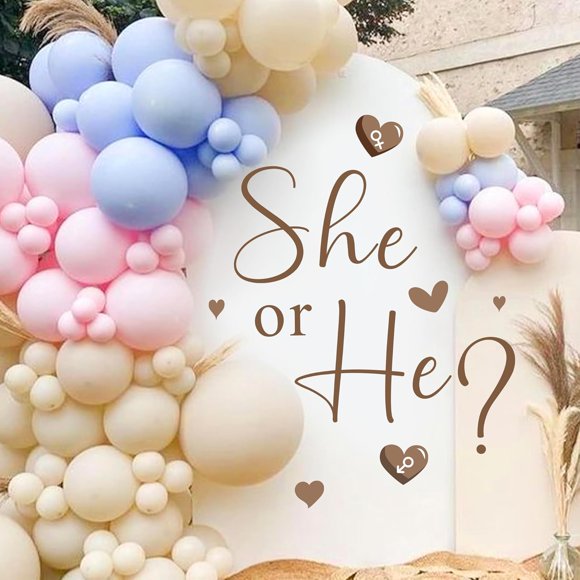 Décalcomanies de Fête Révélation de Genre Il Ou Elle Quel Sera le Bébé Décorations pour Arche de Ballons Bébés Panneaux de Genre Oh Panneau de Douche Bébé Toile de Fond Décalcomanie Fournitures de Fête Fille Ou Garçon Autocollant en Vinyle pour Bannière de Grossesse