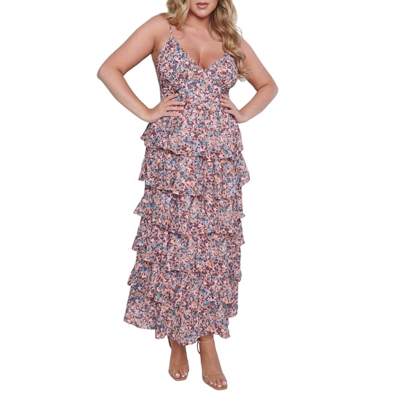 Women Floral Print Long Dress Spaghetti Strap V Neck Sexy Backless Tiered Ruffles Casual Beach Party Maxi Dresses