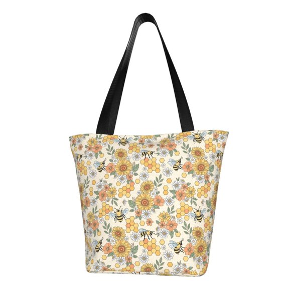 Fotbe Hippie Bee Honeycomb Pattern Beach Tote,Shoulder Handbag,Spacious Tote Bag,Lightweight Travel Bag,Versatile Shopping Bag
