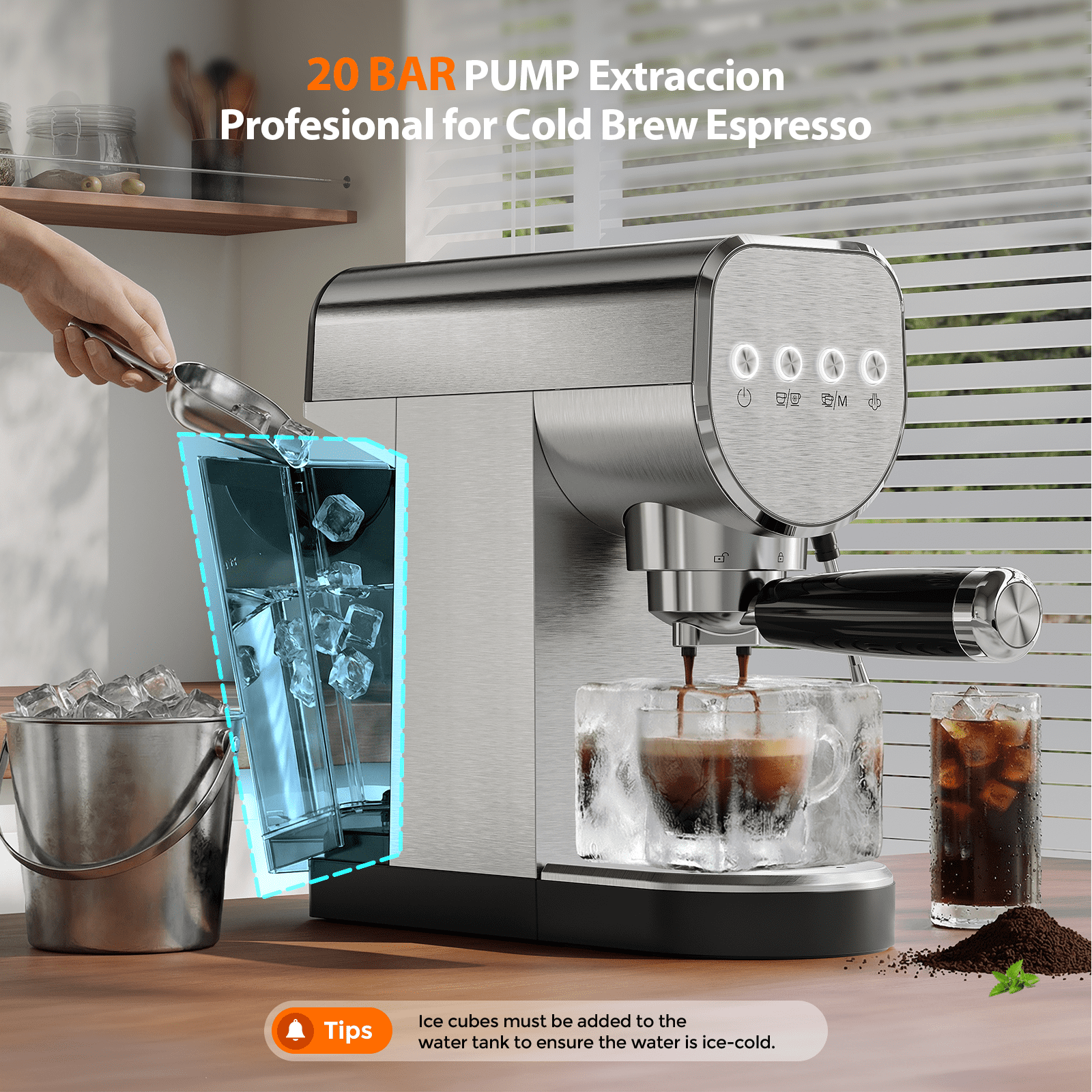 Coffee Maker, 20 Bar Espresso Machine with Milk Frother & Cold Brew,Compact Coffee Latte Machine for Home, 1250W, Steel Design