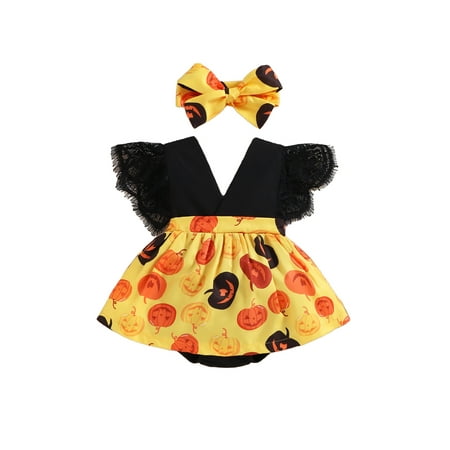 

Binpure Infant Girl Halloween Flying Sleeve Romper + Bow Headband Pumpkin Print Lace Flowers Holiday Clothing