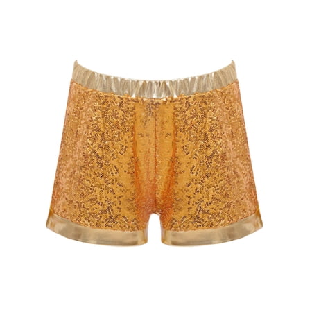 Hansber Kids Girls Sequin Dance Shorts Shiny Glitter Party Shorts Pants Metallic Sparkly Disco Bottoms Gold 14
