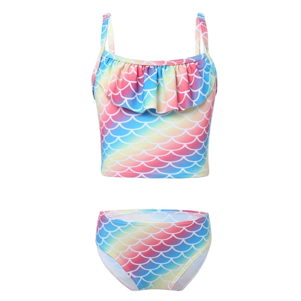 Toddler Girls Two Piece Swimsuit Bathing Suit Mermaid Split Bikini Swimwear Fish Scale Pattern Tankini Set Children BeachwearS Gong Bohan LED