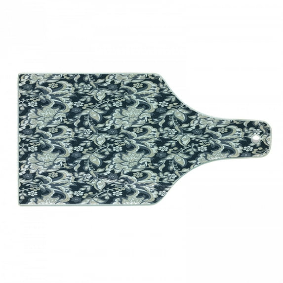 East Cutting Board, Floral Illustration Oriental Eastern Style with Traditional Influences, Tempered Glass Cutting and Serving Board, Wine Bottle Shape, Dark Blue Grey and Beige, by Ambesonne