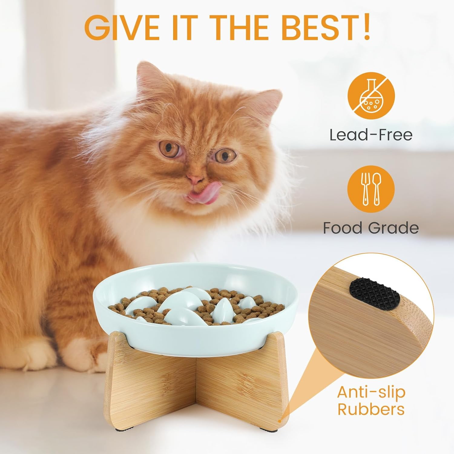 2PC Slow Feeder Cat Bowl with Stand, Ceramic Slow Eating Cat Bowl with Higher Edges Fish Pool Design Elevated Cats Food Bowls for Dry and Wet Food Anti-Vomiting Puzzle Feeder for Healthy Eating Diet