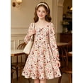 thumbnail image 4 of Lanbubble Girls Long Sleeve Floral Dress Square Neck Ruched A-Line Casual fall winter Dress 7-14 Years, 4 of 11