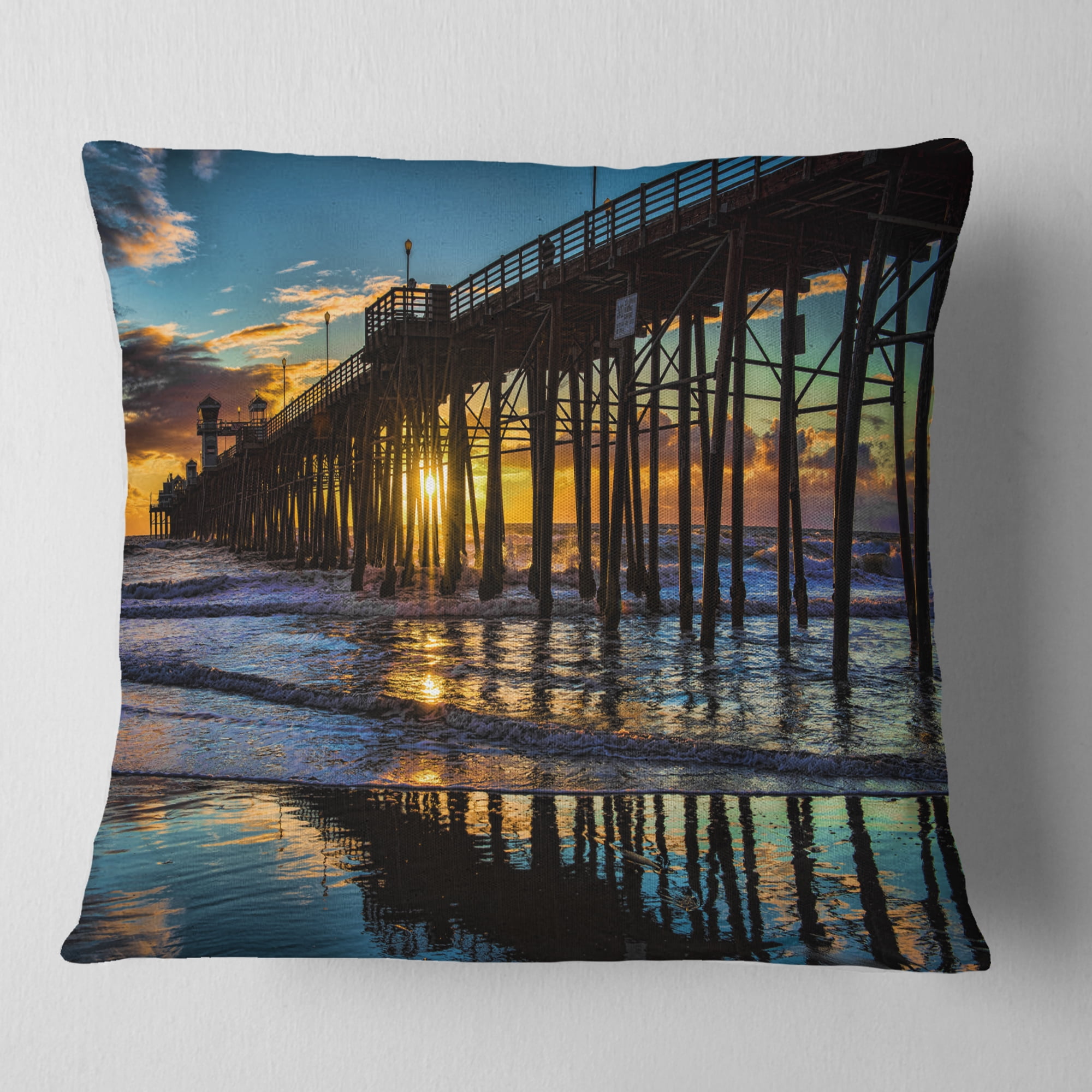 Designart Oceanside Pier at Evening - Landscape Photography Throw Pillow - 16x16