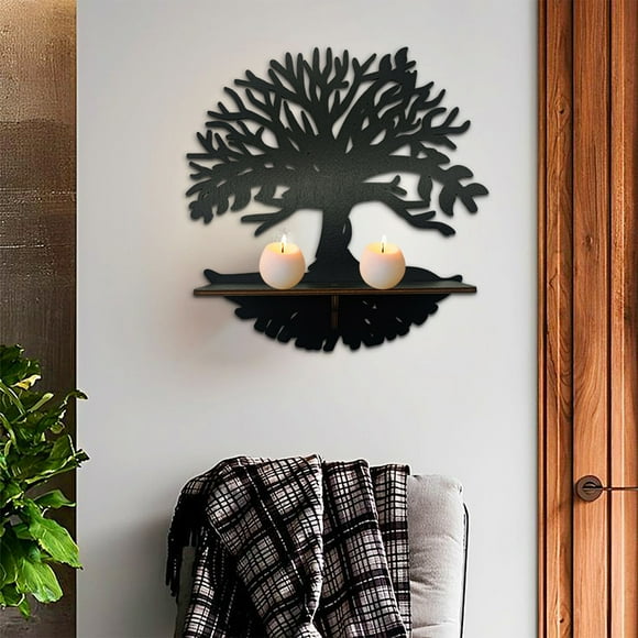 YIMWNYI Wooden Wall Shelf, Rustic Bohemian Wall Decorations, Halloween Storage Shelf, Decorative Metal and Wood, Multifunctional Candle Display, Unique Home Decor
