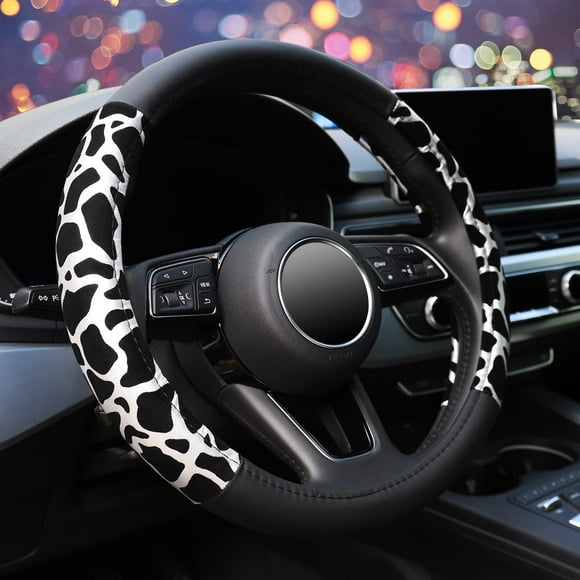 ZHOL Cow Print Steering Wheel Cover Universal 15 Inch Microfiber Leather Auto Car Steering Wheel Cover for Women Men, Anti-Slip, Black&White