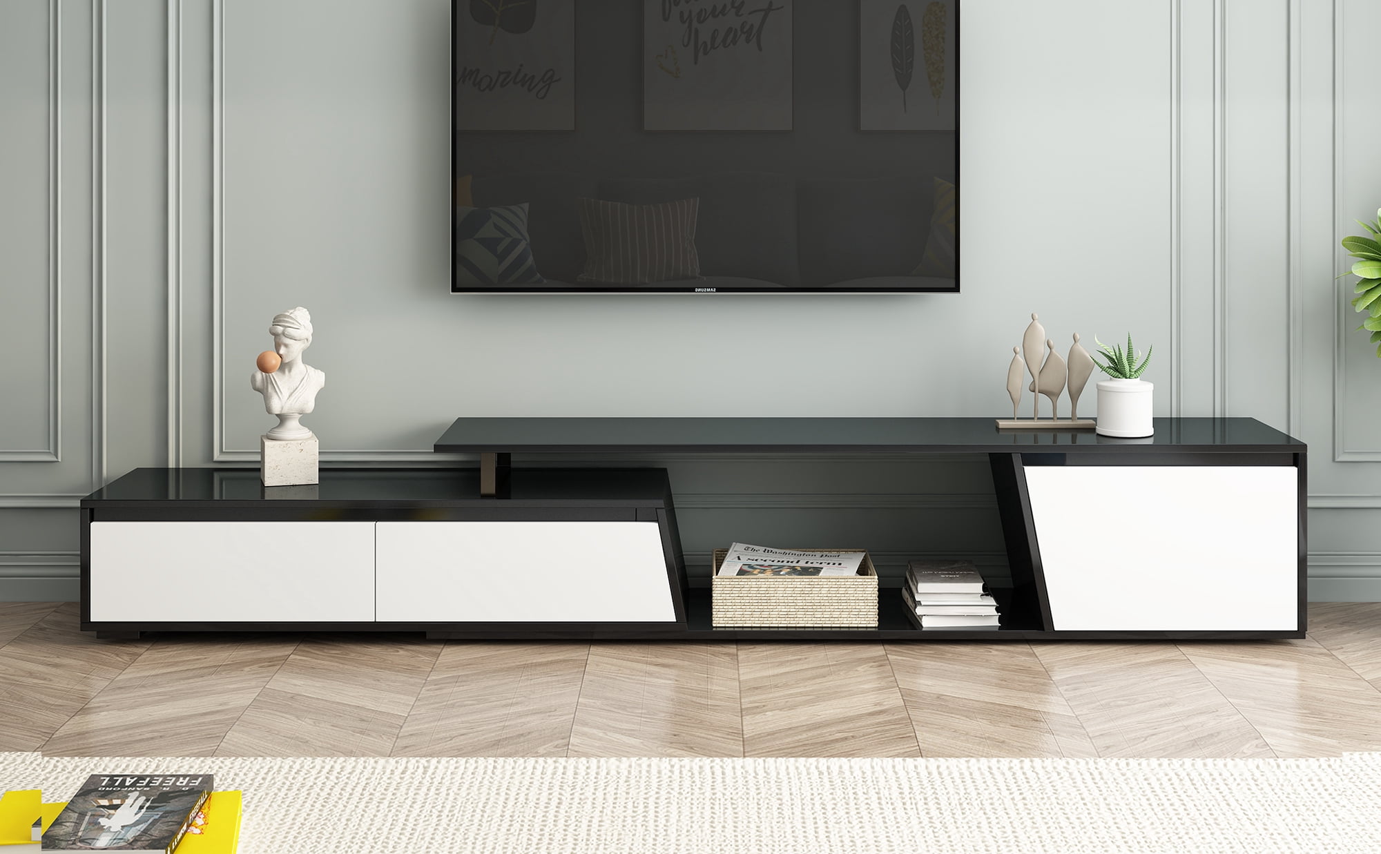 Euroco Modern Minimalist Rectangle Extendable TV Stand, TV Cabinet with 2 Drawers and 1 Cabinet for Living Room, Fits TVs Up to 100''