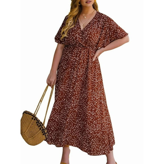 Women'S Plus Size Wrap V Neck Short Sleeve Ruffle Hem A Line Short Dress Orange Color 4XL