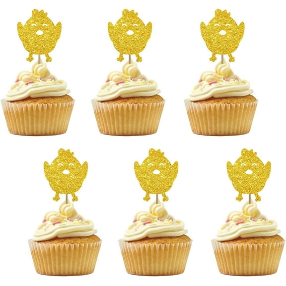 12pcs Chicken Cupcake Toppers for Farm Theme Birthday, Gold Glitter Little Chick Sign Cupcake Toppers, Cake Decorations for Baby Shower/Farm Animal Theme Party Supplies