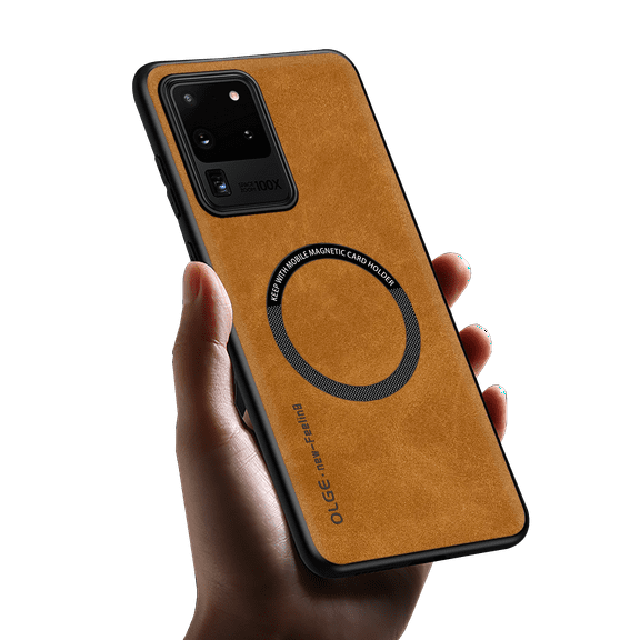 Allyetch Magnetic Back Case Cover for Samsung Galaxy S20 Ultra, Slim Fit Back Cover PU Leather TPU Bumper Anti-Scratch Compatible with Car Mount Shockproof Phone Case for Galaxy S20 Ultra, Brown